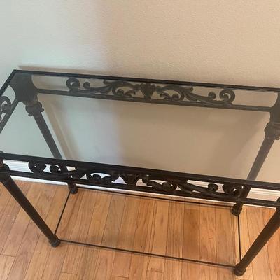 Beautiful Heavy Wrought Iron & Glass Console Table 36â€W, 30â€H, 13.5â€D.
