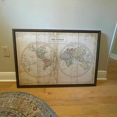 Beautiful  large World Map On Canvas With Brown Wooden Frame. 38â€ X 27â€.