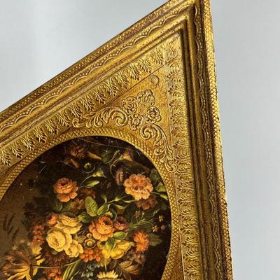 Vintage Gold Gilded Flemish School Flowers G.B. Florence Made in Italy Diamond Framed Artwork