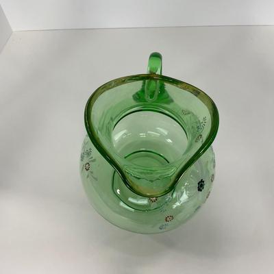 -144- URANIUM | Green Depression Hand Painted Flowers Pitcher
