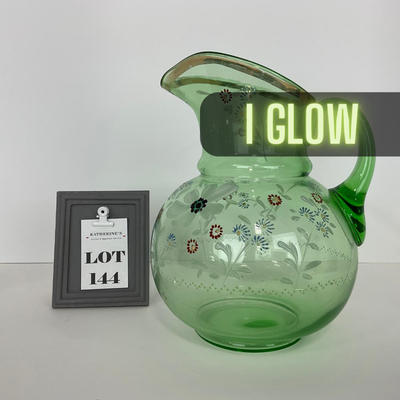 -144- URANIUM | Green Depression Hand Painted Flowers Pitcher