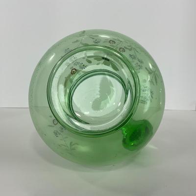 -144- URANIUM | Green Depression Hand Painted Flowers Pitcher