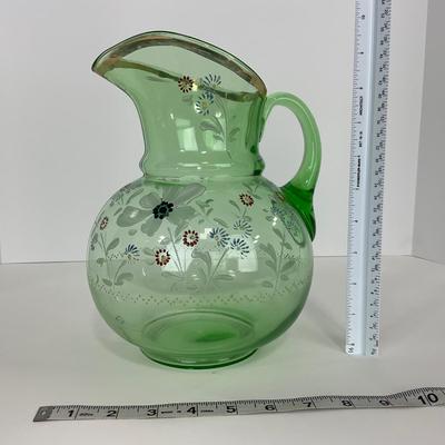 -144- URANIUM | Green Depression Hand Painted Flowers Pitcher