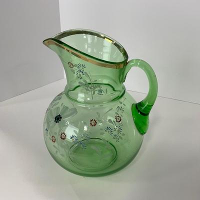 -144- URANIUM | Green Depression Hand Painted Flowers Pitcher