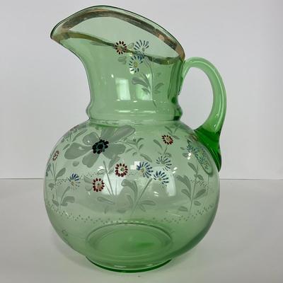 -144- URANIUM | Green Depression Hand Painted Flowers Pitcher