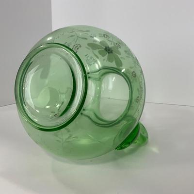 -144- URANIUM | Green Depression Hand Painted Flowers Pitcher