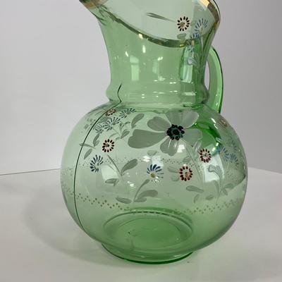 -144- URANIUM | Green Depression Hand Painted Flowers Pitcher