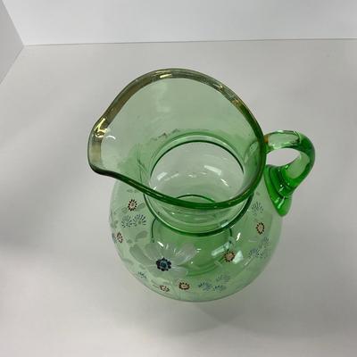 -144- URANIUM | Green Depression Hand Painted Flowers Pitcher