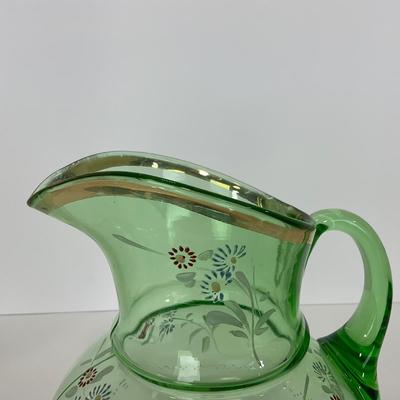 -144- URANIUM | Green Depression Hand Painted Flowers Pitcher