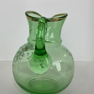 -144- URANIUM | Green Depression Hand Painted Flowers Pitcher