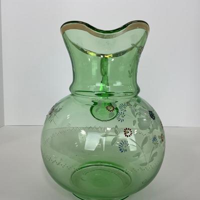 -144- URANIUM | Green Depression Hand Painted Flowers Pitcher