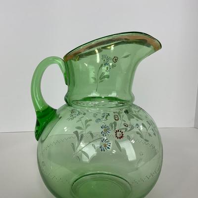 -144- URANIUM | Green Depression Hand Painted Flowers Pitcher