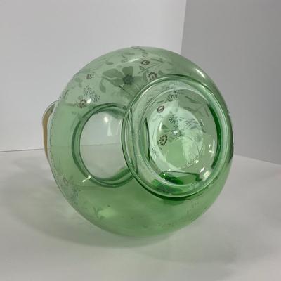 -144- URANIUM | Green Depression Hand Painted Flowers Pitcher