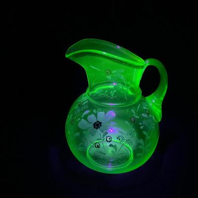 -144- URANIUM | Green Depression Hand Painted Flowers Pitcher