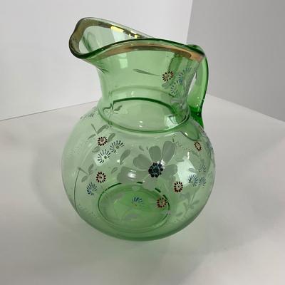 -144- URANIUM | Green Depression Hand Painted Flowers Pitcher