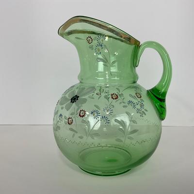 -144- URANIUM | Green Depression Hand Painted Flowers Pitcher