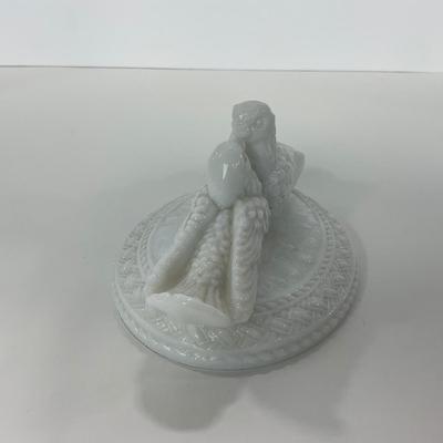 -145- GLASSWARE | Milk Glass Bird Covered Dish