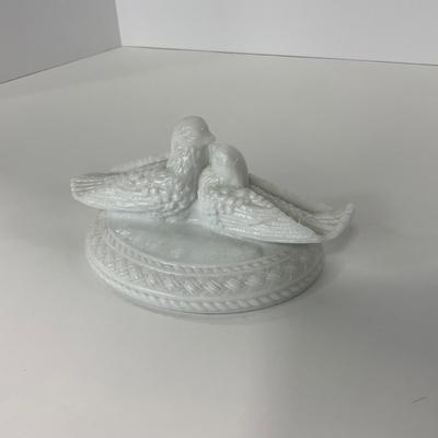 -145- GLASSWARE | Milk Glass Bird Covered Dish