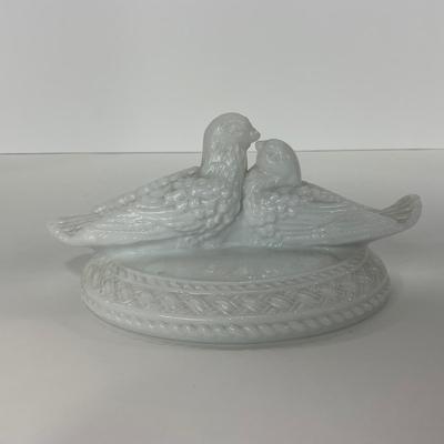-145- GLASSWARE | Milk Glass Bird Covered Dish