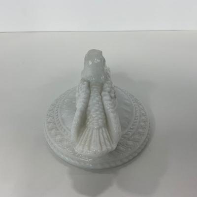 -145- GLASSWARE | Milk Glass Bird Covered Dish