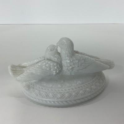 -145- GLASSWARE | Milk Glass Bird Covered Dish