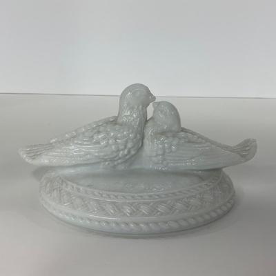 -145- GLASSWARE | Milk Glass Bird Covered Dish
