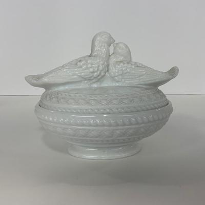 -145- GLASSWARE | Milk Glass Bird Covered Dish