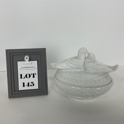 -145- GLASSWARE | Milk Glass Bird Covered Dish