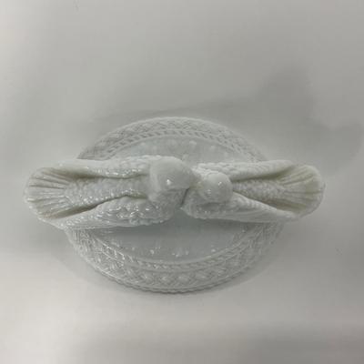 -145- GLASSWARE | Milk Glass Bird Covered Dish