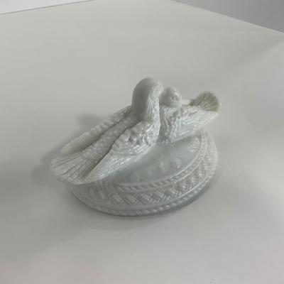 -145- GLASSWARE | Milk Glass Bird Covered Dish