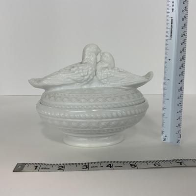 -145- GLASSWARE | Milk Glass Bird Covered Dish