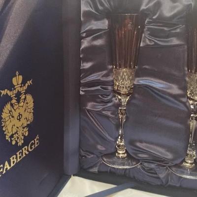 FABERGE Set of 2 XENIA Ruby Red Cut to Clear Crystal Champagne Flutes signed