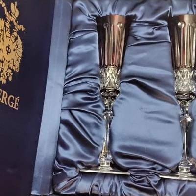 FABERGE Set of 2 XENIA Ruby Red Cut to Clear Crystal Champagne Flutes signed