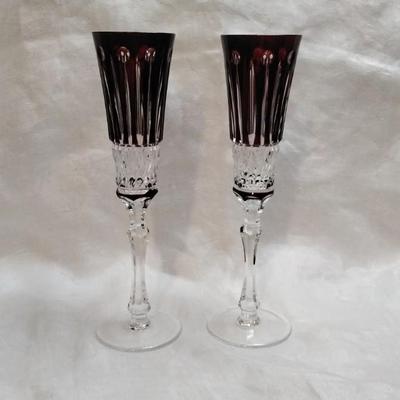 FABERGE Set of 2 XENIA Ruby Red Cut to Clear Crystal Champagne Flutes signed