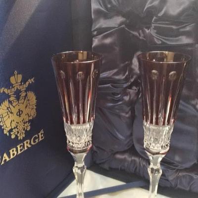 FABERGE Set of 2 XENIA Ruby Red Cut to Clear Crystal Champagne Flutes signed
