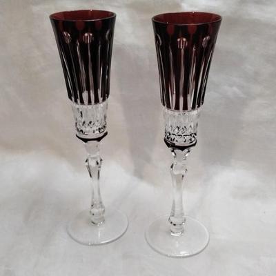 FABERGE Set of 2 XENIA Ruby Red Cut to Clear Crystal Champagne Flutes signed