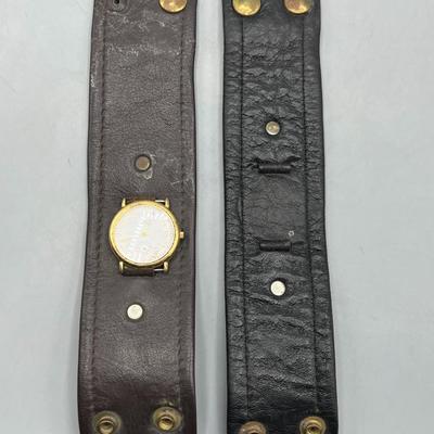 Pair of Vintage Wide Leather Brown & Black Strap Wrist Bands with Timex Quartz Watch