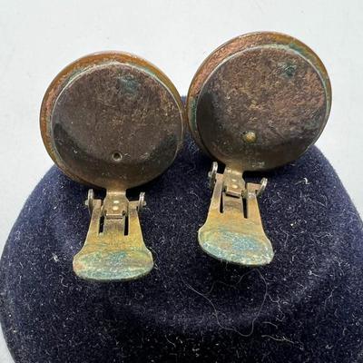 Vintage Mid-Century Style Bronze Color Round Circular Clip on Earrings
