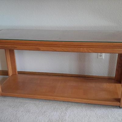 Glass top two-tiered oak Sofa table