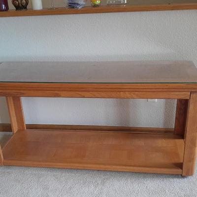 Glass top two-tiered oak Sofa table