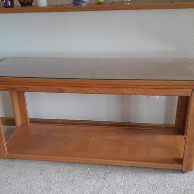 Glass top two-tiered oak Sofa table