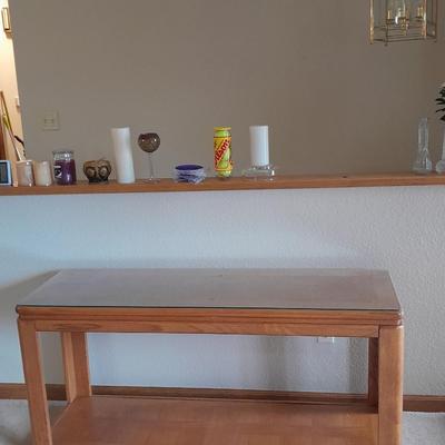 Glass top two-tiered oak Sofa table