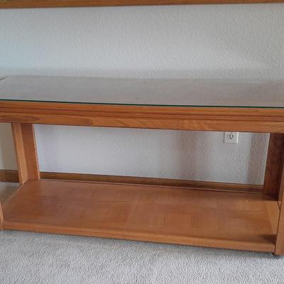 Glass top two-tiered oak Sofa table