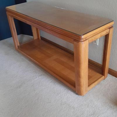 Glass top two-tiered oak Sofa table