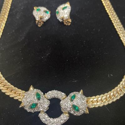 STUNNING Vintage gold plate and green rhinestone panther set