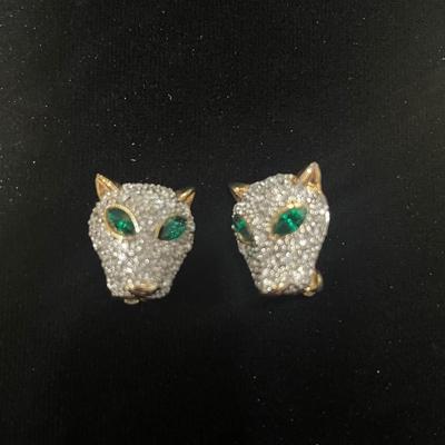 STUNNING Vintage gold plate and green rhinestone panther set
