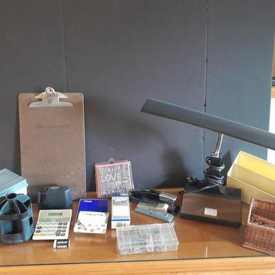 Office Supplies, Vintage desk lamp, clip board, electric pencil sharpener and more