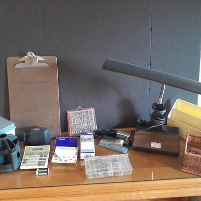 Office Supplies, Vintage desk lamp, clip board, electric pencil sharpener and more