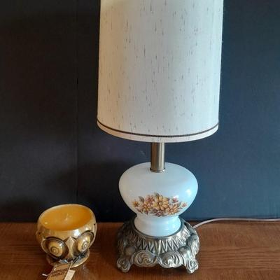 Vintage brass base three-way table lamp and Keepsake candle