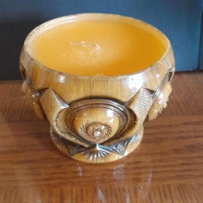 Vintage brass base three-way table lamp and Keepsake candle